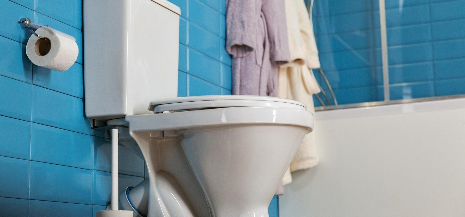 low flush toilet in bathroom with robes and tub in background