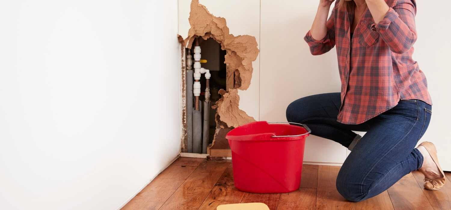 Homeowner Cleaning up from a Busted Pipe and Calling a Plumber