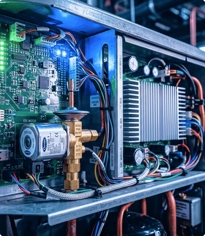Close-up of a Carrier Greenspeed unit service panel showing the high-tech circuitry and diagnostic LEDs.