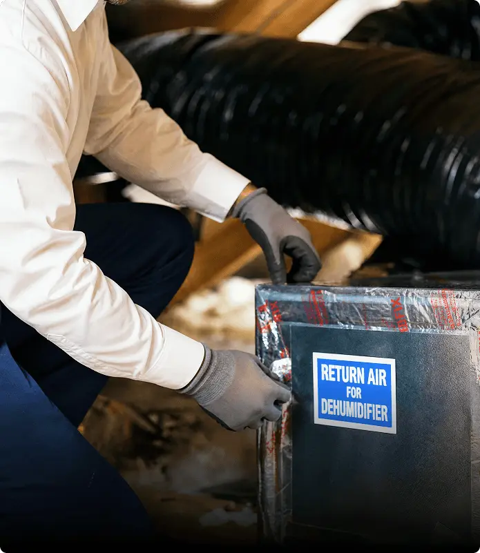 A Hiller technician sealing a dedicated return duct for a whole-home dehumidifier in a Nashville attic.