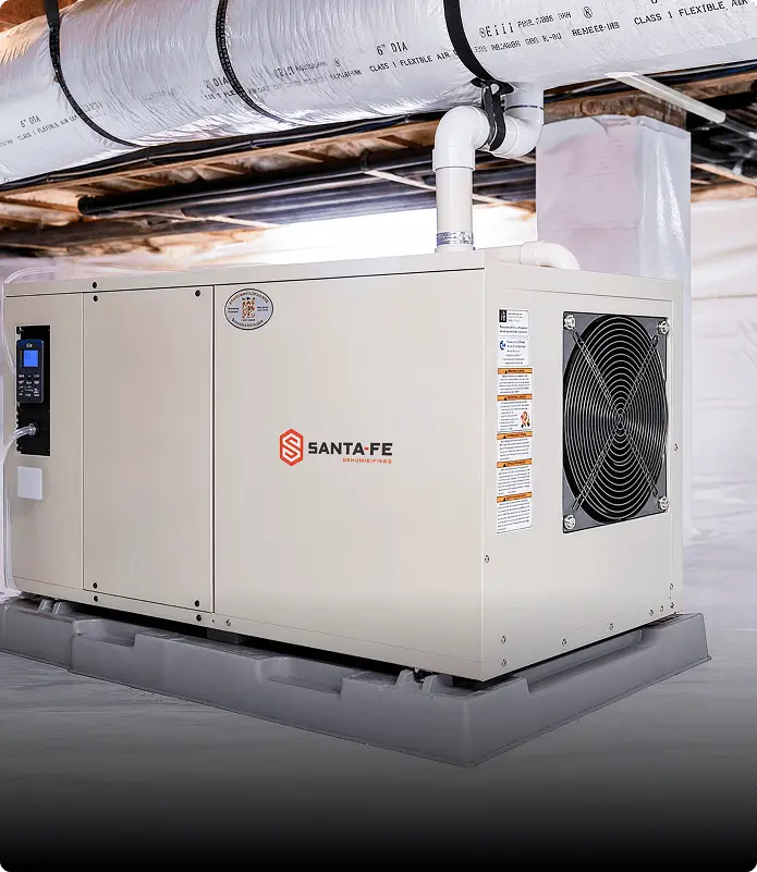 A high-capacity Santa Fe dehumidifier installed in a professionally encapsulated Nashville crawlspace.
