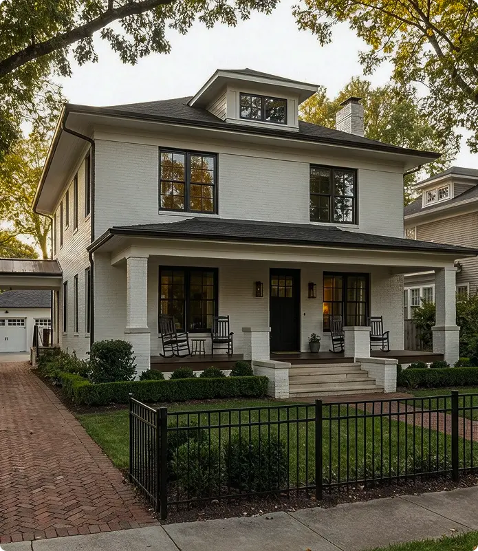 A two-story house with white brick exterior, black trim, and a front porch with rocking chairs. The home has large windows, manicured bushes, a black metal fence, and a brick pathway leading to the porch.