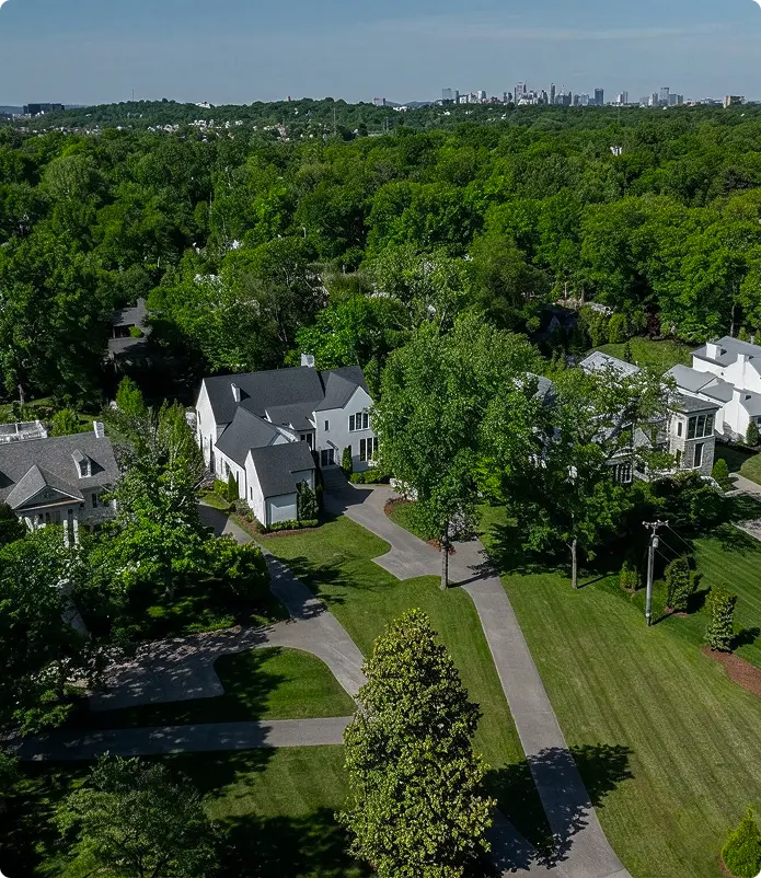 Aerial view of a suburban neighborhood with large houses surrounded by trees, winding roads, and green lawns; a distant city skyline is visible on the horizon under a clear sky.